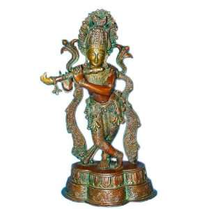 Fluting Krishna Statue Altar Murti Hindu God Brass Sculpture 14.5