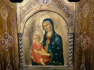   Gilt Wood Byzantine Religious Triptych Icon Madonna w Child  