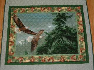 HOME QUILTED LAP THROW EAGLES BEDDING QUILT PINECONES  