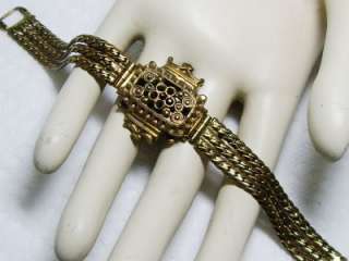   Etruscan Revival Triple Chain & Garnet Glass Bracelet 6 3/4  