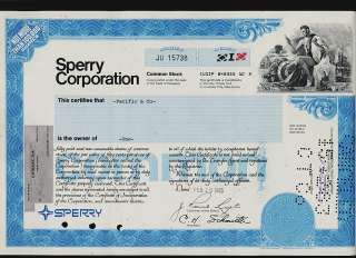 SPERRY CORPORATION ( now UNISYS) old stock certificate  