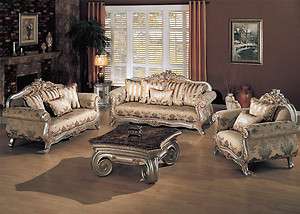 2Pc Traditional Victorian Gold Fabric Sofa Loveseat Wood Living Room 