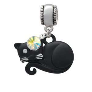 Curled Up Matte Black Cat European Charm Bead Hanger with AB Swarovski 