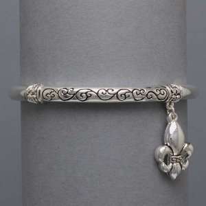  Womens Silver Bracelet, Fleur De Lis Charm, Stretchable, 1 