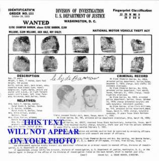 DEPARTMENT OF JUSTICE WANTED POSTER OF CLYDE BARROW  