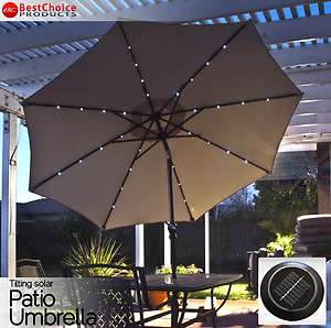 Solar Patio Umbrella With 32 LED Lights 9 Tan Market Umbrella W/ Tilt 