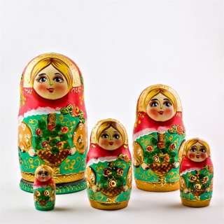   Set of 5 pcs/ 6.5  Russian Nesting Dolls with Flowers Baske  