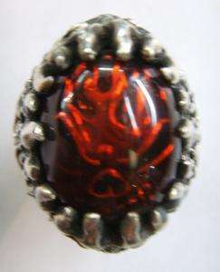 GOTHIC FIRE FLAMES SKULL RED RESIN 925 SILVER RING  