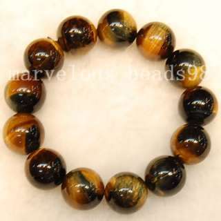 16mm Yellow Blue Tiger Eye Gems Beads Bracelet E1172  