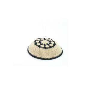  16 cm cream and black knitted kippah with crochet 