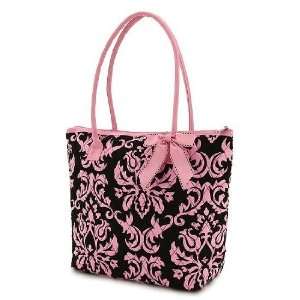    Belvah Black and Pink Quilted Damask Print Diaper Tote Baby