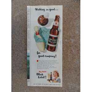 Black Label Beer . Vintage 50s print ad. (bowling ball,pin,shirt 