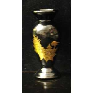  Handcrafted Thai 5 1/4 Black Lacquer and Gold Leaf Vase 