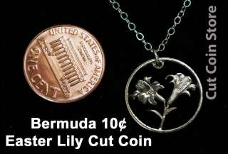 Bermuda Dime 10¢ Cut Coin Easter Lily Flower Pendant Necklace Cut 