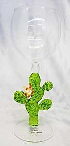 New Hand Blown Green Cactus Wine Glass Red Flower  
