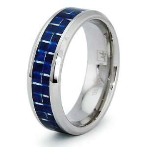  Blue Carbon Fiber Inlay Stainless Steel Wedding Band Ring 