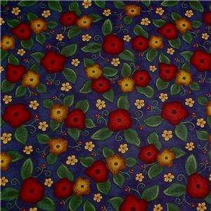Textiles Cotton Fabric, Red, Gold & Green on Blue, Floral, Per 
