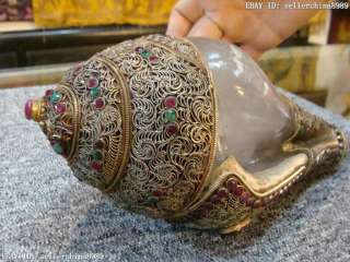 Tibet Nepal made crystal Silver inlay ruby beryl Conch  