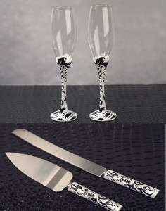   DAMASK BLACK/WHITE Wedding Cake Kinfe Sever Toasting Flute Glasses Set