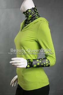 HOODED Cotton Blouse Tunic Top Green Black Spots sz XS  