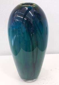 HAND BLOWN GLASS ART BLUE MARBLE VASE ONEIL 2302  