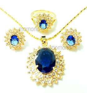 Oval round blue sapphire cz Necklace studs Ear ring SET  