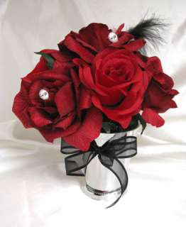 17pc Wedding Bouquet flowers APPLE RED / BLACK feathers  