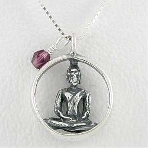 Round Sitting Buddha Pendant in Sterling Silver with Purple Glass Bead 