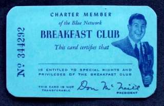 Vintage Don McNeill Charter Member Breakfast Club  