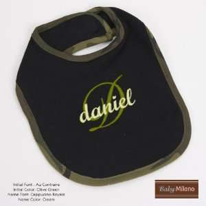 Personalized Black and Green Camo Trim Baby Bib with Name and Initial 