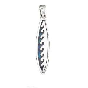   Sterling Silver Surfboard Pendant With Paua Shell Wave Design Jewelry