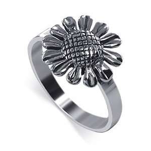   14mm Wide Sweet Sunflower Polished Finish 3mm Band Floral Ring Size 4