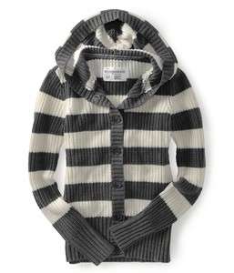   Aeropostale Gray Striped Button Down Sweater Top New Hooded Cardigan