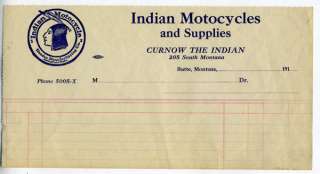Rare 1910 Billhead Indian Motorcycle Dealer Butte MT  