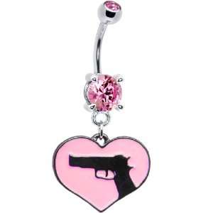  Pink Double Gem Gun Heart Dangle Belly Ring Jewelry