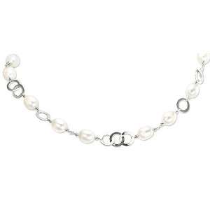   White Rice Pearl Necklace with Sterlings Silver Spacer Beads and Rings