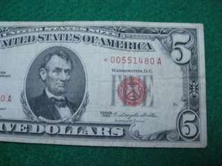1963 $5.00 Red Seal Note. *STAR NOTE*. Low Serial number.  