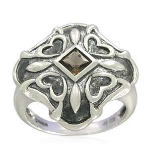 Sterling Silver Celtic Knot Heart Square Shaped Smoky Quartz Ring 