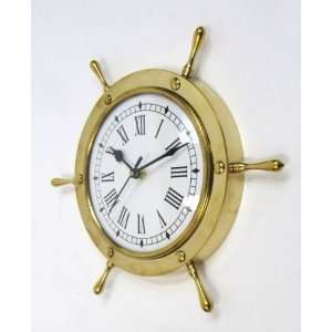  Brass Ships Wheel with Central Clock, 11 Inches Office 