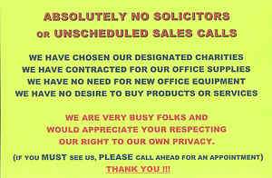 BUSINESS OFFICE   ABSOLUTELY NO SOLICITING SIGN  