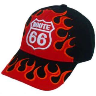 HAT CAP ROUTE 66 SIXTY SIX FIRE FLAMES BLACK RED VELCRO HISTORIC 