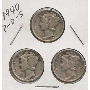  1940 Mercury Dimes PDS All 3 Mints on one 2x2 Holder 