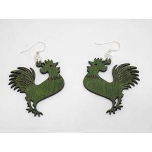  Apple Green Rooster Cockerel Wooden Earrings GTJ Jewelry