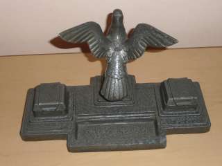   PEWTER DOUBLE INKWELL PIGEON BIRD DOVE VINTAGE TRAY METAL HEAVY  