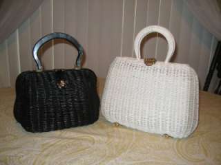 VINTAGE 2PC LOT SIMON & LESCO LONA? RATTAN WICKER BASKET PURSES LUCITE 