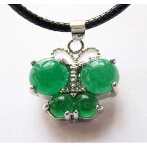    Green Jade Butterfly Silvertone Metal Pendant Necklace Jewelry