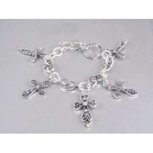  Silvertone Cross Dangling Toggle Bracelet 