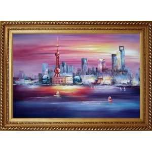 Shanghai Skyline, Huangpu River Oil Painting, with Exquisite Dark Gold 