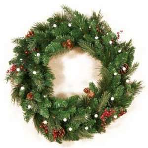  24 Battery Operated Mixed White Spruce Wreath with Berries, 30 LED 