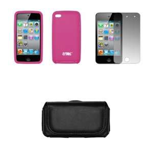  Apple Ipod Touch 4 Black Leather Carrying Case + Hot Pink Case 